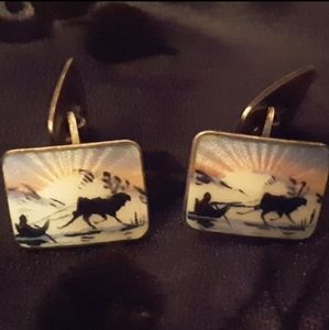 c1940-50 STERLING SILVER & GUILLOCHE ENAMEL REINDEER SLEIGH CUFFLINKS Ivar Holth